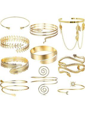 Boho Arm Cuff Bracelet Set - Adjustable Upper Arm Bands, Snake & Feather Designs